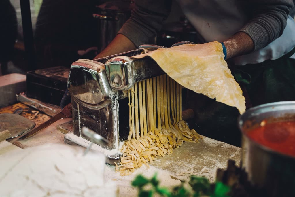 Fresh pasta coming out of the machine