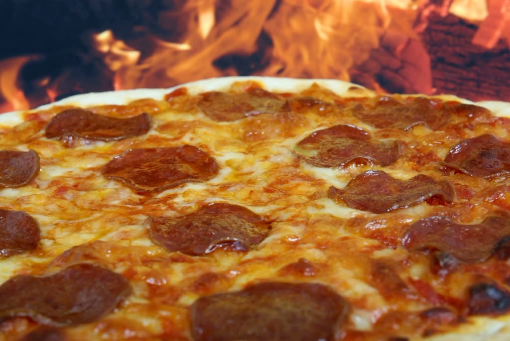 Wood-fired pizza in the oven